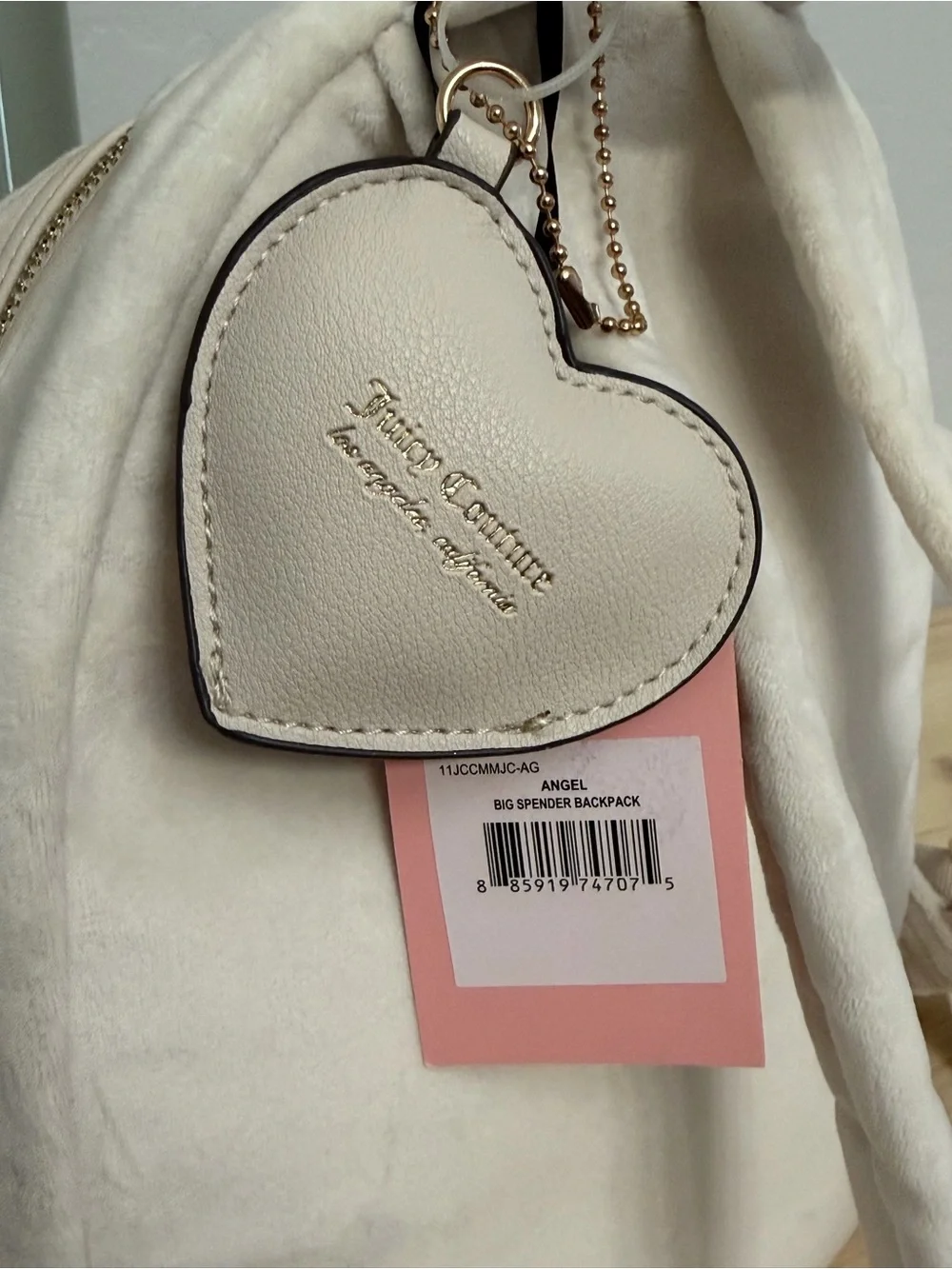 Juicy Couture Cream Rhinestone Logo Mini Backpack with Zip Pocket